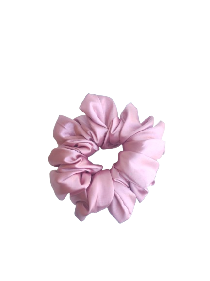 Pink satin scrunchie on a white background